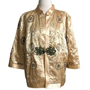 HOT IN HOLLYWOOD Gold Embroidered & Quilted Satin Bed Jacket Kimono Size…